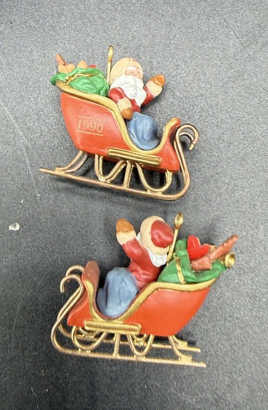 2 Vintage 1990 Hallmark Santa's Sleigh Miniature Christmas Ornaments No Box LO22